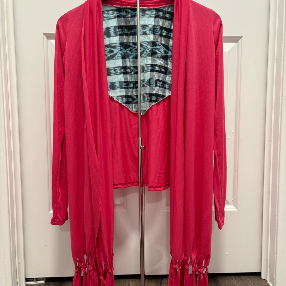 Pink Open Front Cardigan with Fringe